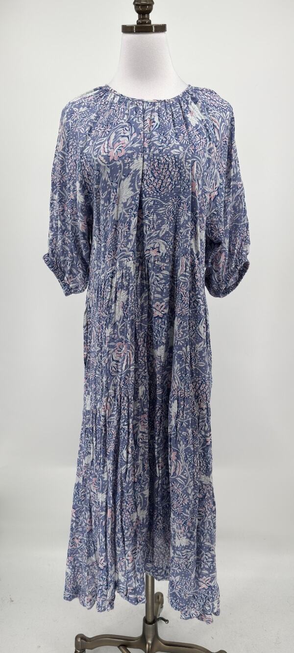 Sundry Wild Floral Blue Woven Cotton Puff Sleeve Tiered Midi Dress Sz 2 US M